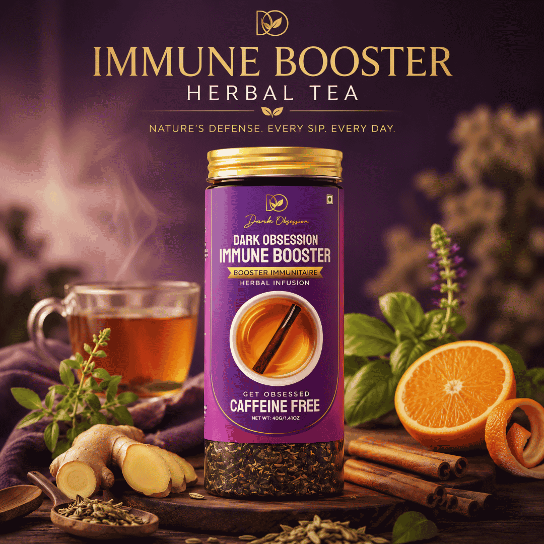 Dark Obsession Immune Booster Herbal Tea premium herbal blend with cinnamon, ginger, tulsi, lemongrass and orange peel for immunity support.